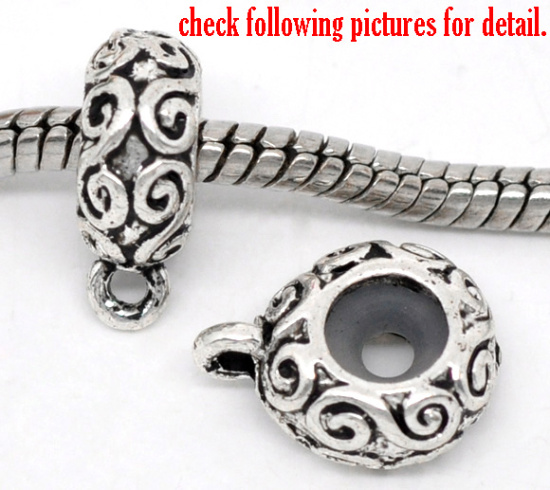 Picture of Zinc Based Alloy European Style Bail Beads With Loop For DIY Jewelry Making Findings Round Carved Pattern Antique Silver Color 14mm x 11mm, 10 PCs