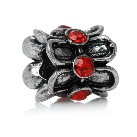 10 PCs Zinc Based Alloy European Style Large Hole Charm Beads Antique Silver Color Drum Red Rhinestone 10mm x 10mm, Hole: Approx 5mm