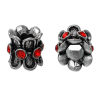 Picture of 10 PCs Zinc Based Alloy European Style Large Hole Charm Beads Antique Silver Color Drum Red Rhinestone 10mm x 10mm, Hole: Approx 5mm