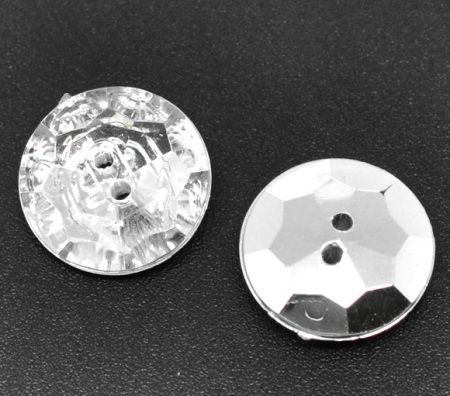 Acrylic Sewing Buttons Scrapbooking 2 Holes Round Clear & Silver Plated Faceted 18mm( 6/8") Dia, 60 PCs