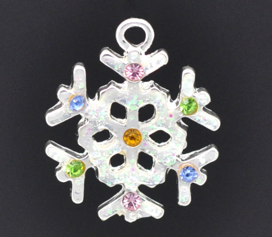 Picture of Silver Plated Multicolor Rhinestone Christmas Snowflake Charm Pendants 22x19mm, sold per packet of 10