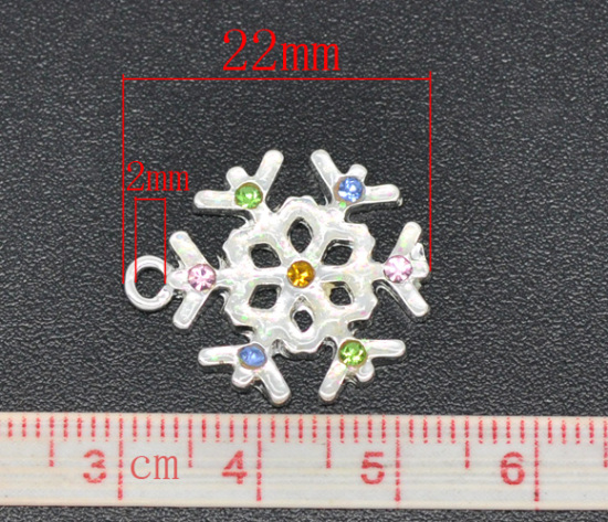 Picture of Silver Plated Multicolor Rhinestone Christmas Snowflake Charm Pendants 22x19mm, sold per packet of 10