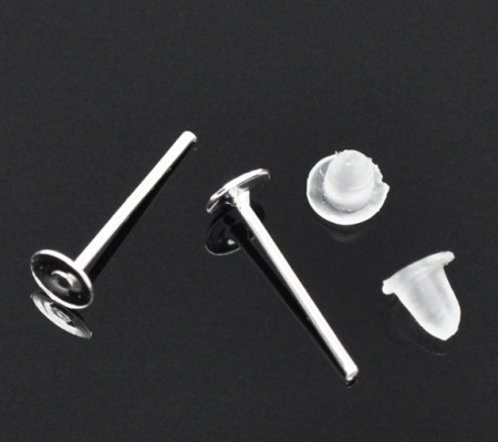 Eisen(Legierung) Ohrstecker mit Ohrstopper Rund Versilbert 12mm x 4mm, Drahtstärke: (21 gauge), 1000 Stück