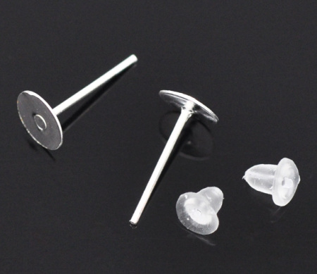 Bild von Eisen(Legierung) Ohrstecker mit Ohrstopper Rund Versilbert 12mm x 6mm, Drahtstärke: (21 gauge), 800 Stück