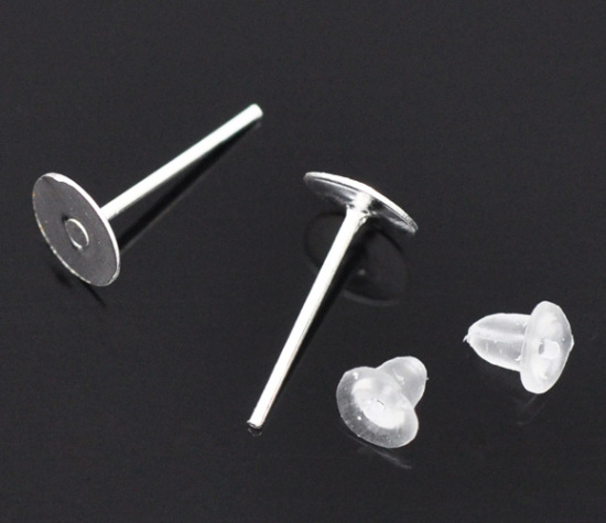 Picture of Alloy Ear Post Stud Earrings Findings Round Silver Plated 12mm x 6mm, Post/ Wire Size: (21 gauge), 800 PCs