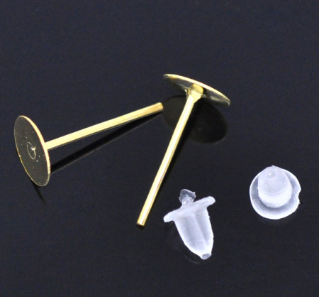 Alloy Ear Post Stud Earrings Findings Round Gold Plated Cabochon Settings (Fits 6mm Dia) 12mm( 4/8") x 6mm( 2/8"), Post/ Wire Size: (21 gauge), 800 PCs