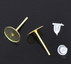 Picture of 500 PCs Iron Based Alloy Cabochon Settings Ear Post Stud Earrings Findings Round Gold Plated With Stoppers (Fit 8mm Dia.) 8mm Dia., Post/ Wire Size: 0.7mm(21 gauge)