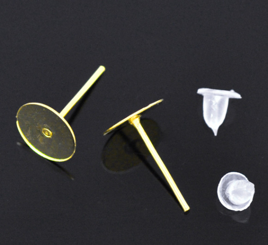 Imagen de 500 Unidades Hierro Soporta a Cabachones Pendientes de Poste de Oreja Ronda Chapado en Oro Con Tapones (Apta 8mm) 8mm Dia, Post/ Wire: 0.7mm(21 gauge)