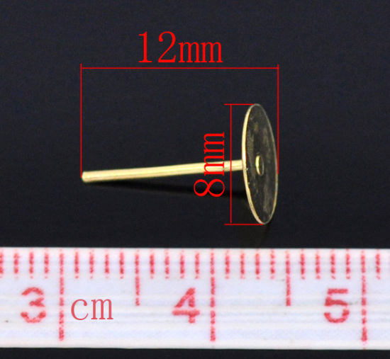 Imagen de 500 Unidades Hierro Soporta a Cabachones Pendientes de Poste de Oreja Ronda Chapado en Oro Con Tapones (Apta 8mm) 8mm Dia, Post/ Wire: 0.7mm(21 gauge)