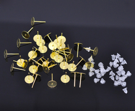 Imagen de 500 Unidades Hierro Soporta a Cabachones Pendientes de Poste de Oreja Ronda Chapado en Oro Con Tapones (Apta 8mm) 8mm Dia, Post/ Wire: 0.7mm(21 gauge)