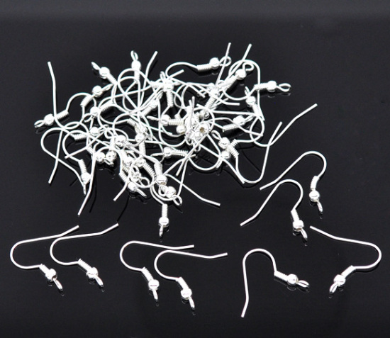 Picture of Iron Based Alloy Ear Wire Hooks Earring Findings Silver Plated 19mm x 18mm, Post/ Wire Size: (21 gauge), 300 PCs