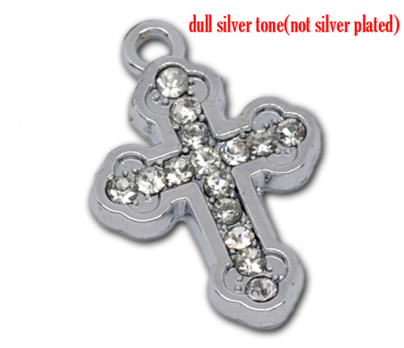 Imagen de Colgantes Aleación + Brillantito de Cruz Tono de Plata Rhinestone Blanco 23mm x 16mm, 10 Unidades