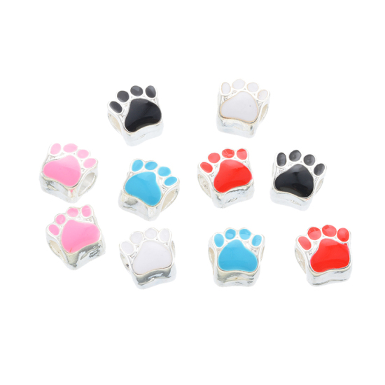 Picture of Zinc Metal Alloy European Style Large Hole Charm Beads Bear's Paw Silver Plated Mixed Enamel About 11mm x 11mm, Hole: Approx 5mm, 10 PCs