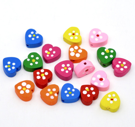Bild von Holz Zwischenperlen Spacer Perlen Herz Mix Farben mit Blumen Muster 14mm x 13mm, Loch: 2mm, 100 Stücke
