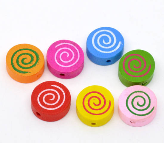 Bild von Holz Zwischenperlen Spacer Perlen Rund Mix Farben mit Lutscher Muster 16mm D., Loch: 2mm, 100 Stücke