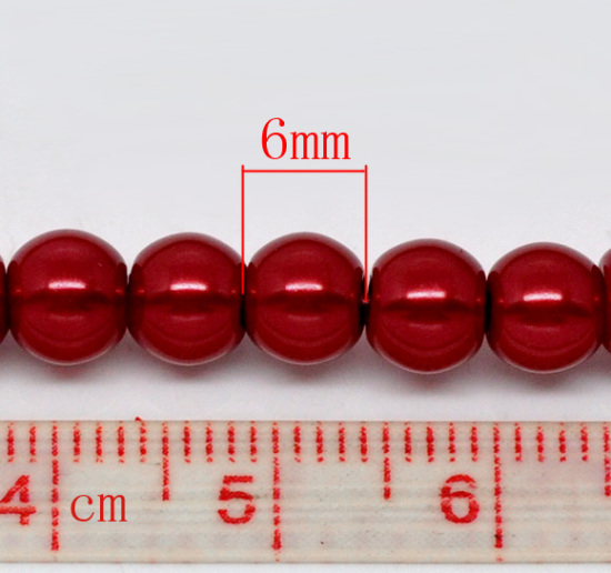 ガラス パール模造 ビーズ 円形 暗赤色 約 6mm直径、 穴：約 1mm、 82cm長さ、 5 連 （約 145PCS /一連） の画像