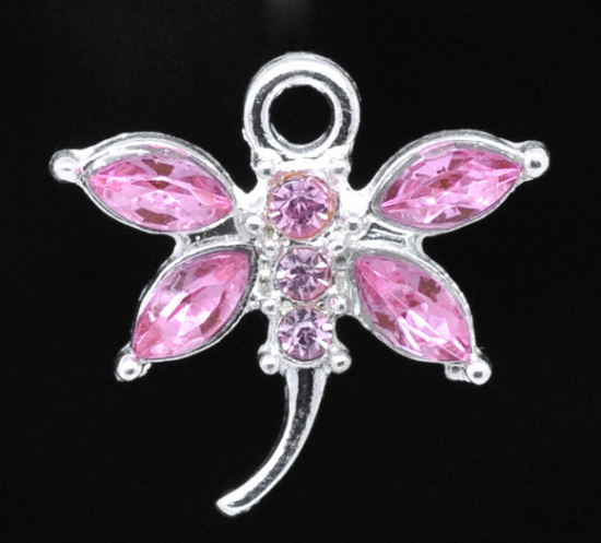 Picture of Silver Plated Pink Rhinestone Dragonfly Charm Pendants 20x19mm, sold per packet of 10