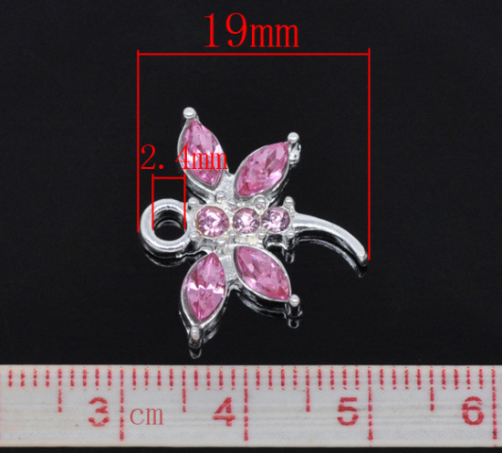 Picture of Silver Plated Pink Rhinestone Dragonfly Charm Pendants 20x19mm, sold per packet of 10