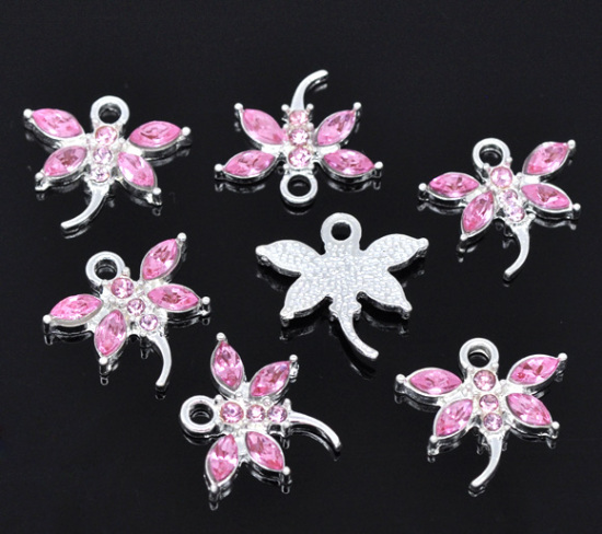 Picture of Silver Plated Pink Rhinestone Dragonfly Charm Pendants 20x19mm, sold per packet of 10