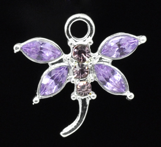 Picture of Zinc Based Alloy Charms Dragonfly Animal Silver Plated Violet Acrylic Rhinestone 20x19mm(6/8"x6/8"), 10 PCs