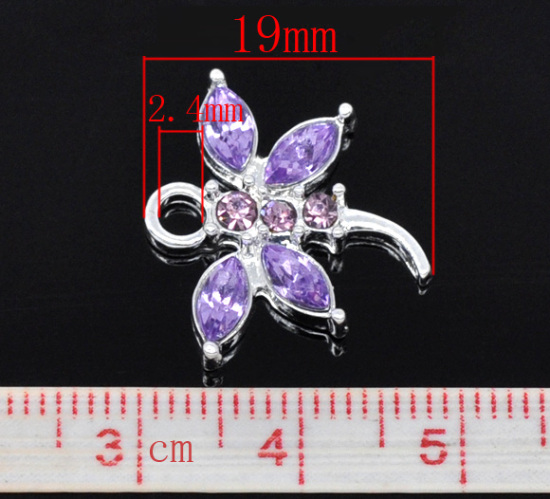 Picture of Zinc Based Alloy Charms Dragonfly Animal Silver Plated Violet Acrylic Rhinestone 20x19mm(6/8"x6/8"), 10 PCs