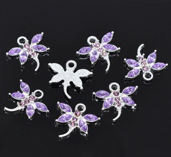 Picture of Zinc Based Alloy Charms Dragonfly Animal Silver Plated Violet Acrylic Rhinestone 20x19mm(6/8"x6/8"), 10 PCs