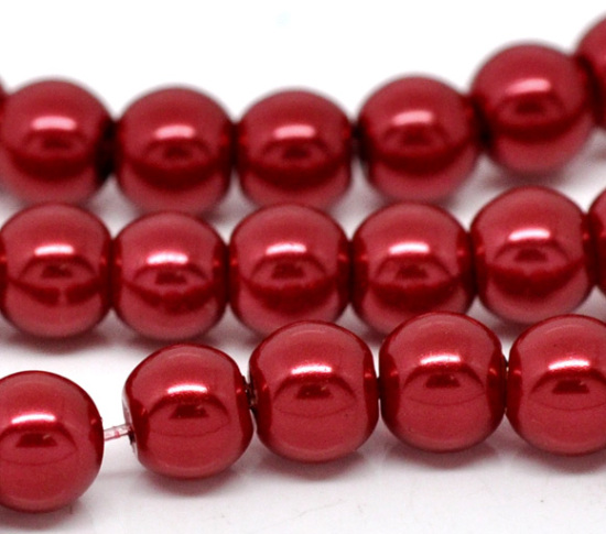 Image de Perles Imitation en Verre Rond Rouge Nacré 8mm Dia, Taille de Trou: 1mm, 82cm long, 5 Enfilades (Env.110 Pcs/Enfilade)