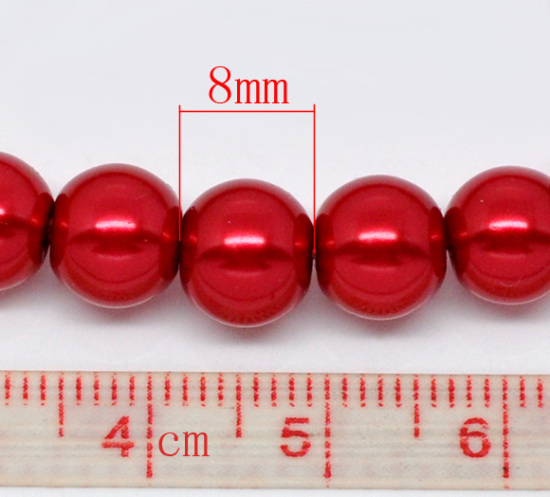 Image de Perles Imitation en Verre Rond Rouge Nacré 8mm Dia, Taille de Trou: 1mm, 82cm long, 5 Enfilades (Env.110 Pcs/Enfilade)
