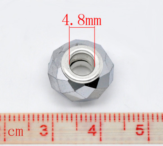 Crystal Glass European Style Large Hole Charm Beads Round Silver-Gray Silver Plated Core Faceted About 14mm x 9mm, Hole: Approx 4.8mm, 20 PCs の画像