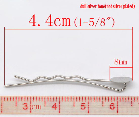 Picture of Iron Based Alloy Hair Clips Findings Silver Tone Round Ripple (Fits 8mm Dia.) 44mm x 1.5mm, 100 PCs