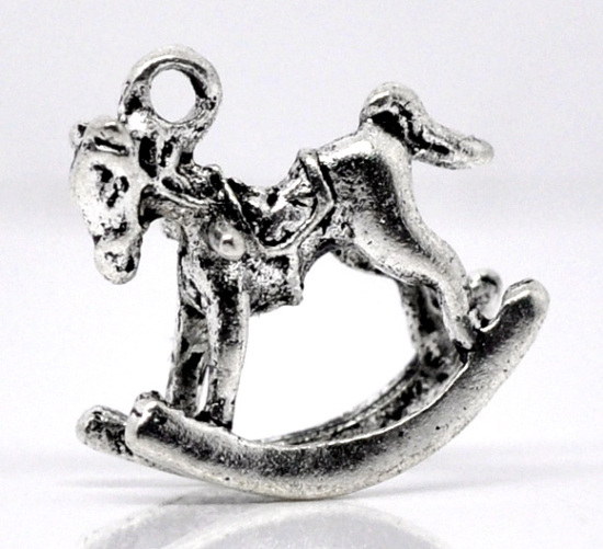 Immagine di Lega di Zinco 3D Charm Ciondoli Cavallo in Legno Argento Antico Nulla Disegno 15mm x 14mm, 30 Pz