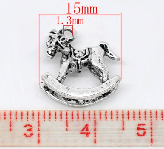 Immagine di Lega di Zinco 3D Charm Ciondoli Cavallo in Legno Argento Antico Nulla Disegno 15mm x 14mm, 30 Pz