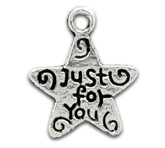 Bild von Zinklegierung Charm Anhänger Pentagramm Stern Antiksilber Message "Just for You" 14x12mm. 100 Stück
