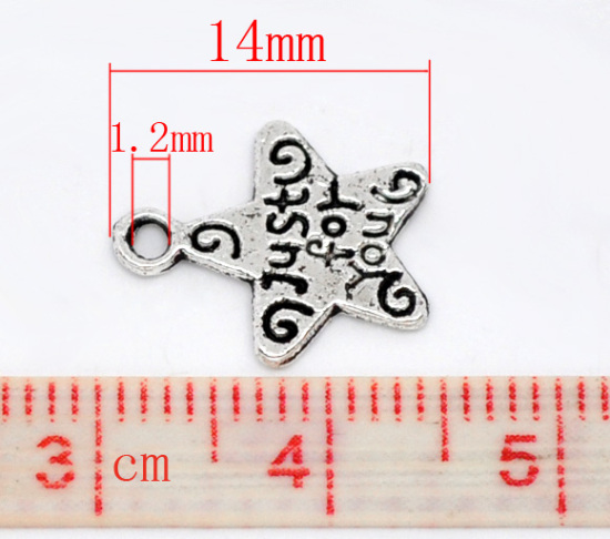 Bild von Zinklegierung Charm Anhänger Pentagramm Stern Antiksilber Message "Just for You" 14x12mm. 100 Stück