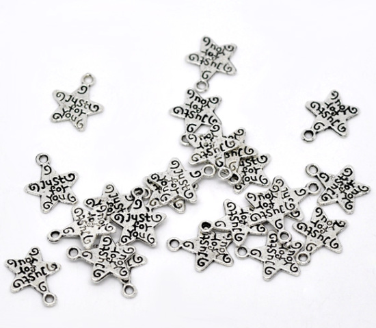 Bild von Zinklegierung Charm Anhänger Pentagramm Stern Antiksilber Message "Just for You" 14x12mm. 100 Stück