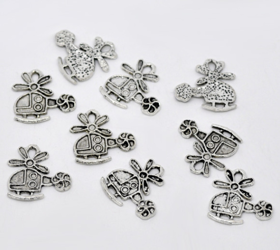 Imagen de Colgantes Aleación del Metal Del Zinc de Helicóptero Plata Antigua Rhinestone 19.0mm x 18.0mm, 50 Unidades 