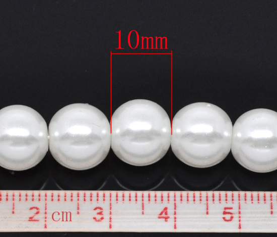 ガラス パール模造 ビーズ 円形 白 約 10mm直径、 穴：約 1mm、 82cm長さ、 2 連 （約 90PCS /一連） の画像