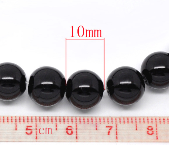 Picture of Glass Pearl Imitation Beads Round Black About 10mm Dia, Hole: Approx 1mm, 82cm long, 2 Strands (Approx 80 PCs/Strand)