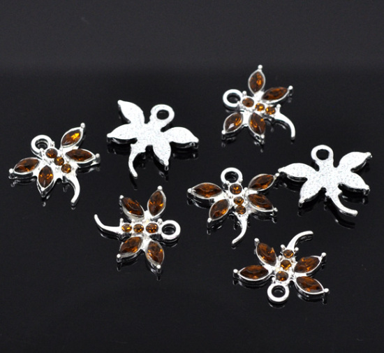 Bild von Zinklegierung Charms Libelle Versilbert Acryl Kaffeebraun Strass 20mm x 19mm. 10 Stück