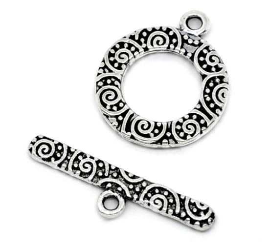 Picture of Zinc Based Alloy Toggle Clasps Round Antique Silver Circle Carved 19mm x 16mm 24mm x 6mm, 3 Sets