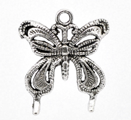 Imagen de Colgantes Aleación del Metal Del Zinc de Mariposa Plata Antigua Rhinestone 26.0mm x 23.0mm, 30 Unidades 