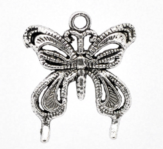 Imagen de Colgantes Aleación del Metal Del Zinc de Mariposa Plata Antigua Rhinestone 26.0mm x 23.0mm, 30 Unidades 