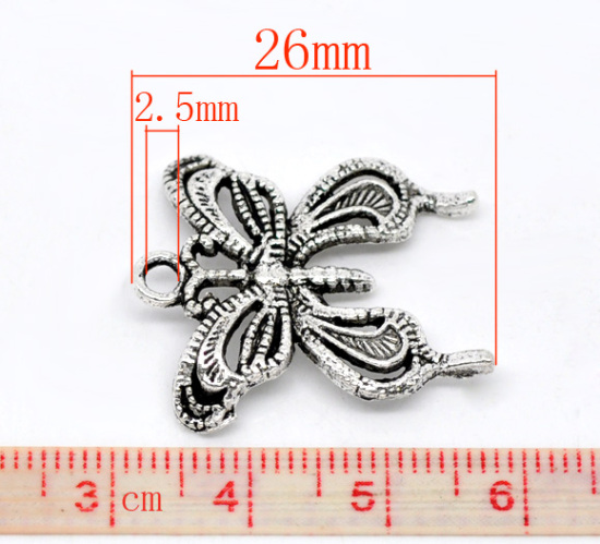 Imagen de Colgantes Aleación del Metal Del Zinc de Mariposa Plata Antigua Rhinestone 26.0mm x 23.0mm, 30 Unidades 
