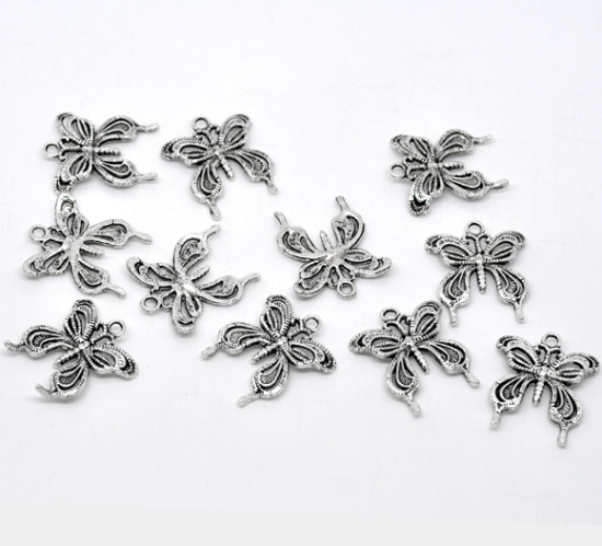 Imagen de Colgantes Aleación del Metal Del Zinc de Mariposa Plata Antigua Rhinestone 26.0mm x 23.0mm, 30 Unidades 