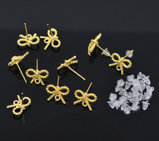 Immagine di Ottone Orecchini a Perno Cravatta a Farfalla Oro Placcato Cravatta a Farfalla Disegno Colore Placcato 16mm x 13mmposta / filo: ( 0.8mm )， 10 Pz