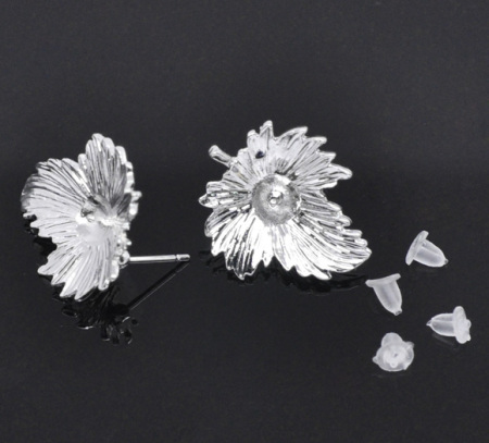 Zinc Based Alloy Ear Post Stud Earrings Findings Leaf Silver Plated Cabochon Settings (Fits 4mm-10mm Beads) 23mm x 20mm, Post/ Wire Size: (18 gauge), 20 PCs