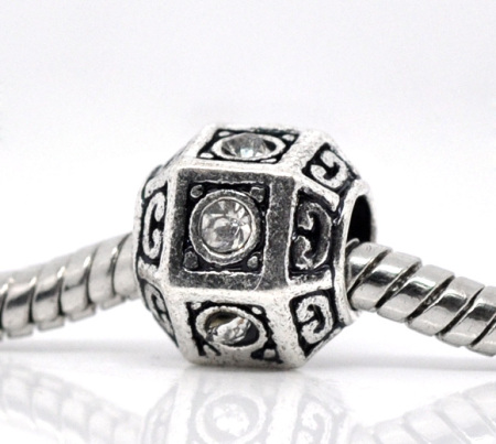 Image de 10 Pcs Perles à Gros Trou de Style Européen en Alliage de Zinc Argent Vieilli Hexagone à Strass Transparent 11mm x 10mm, Trou: Environ 4.8mm