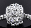 Picture of Brass European Style Large Hole Charm Beads Round Silver Plated Clear Rhinestone Hollow About 12mm x 11mm, Hole: Approx 4.7mm, 10 PCs