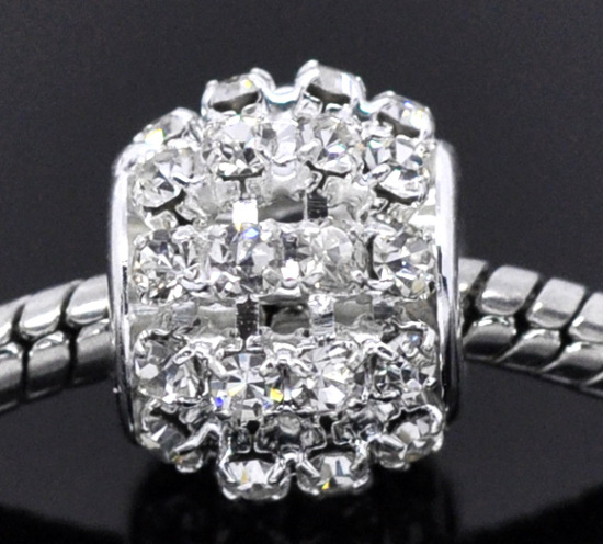 Immagine di Ottone + Strass Stile Europeo Perline Tondo Argento Placcato Bianco Strass Circa 12.0mm x 11.0mm, Foro: Circa 4.7mm, 10 Pz