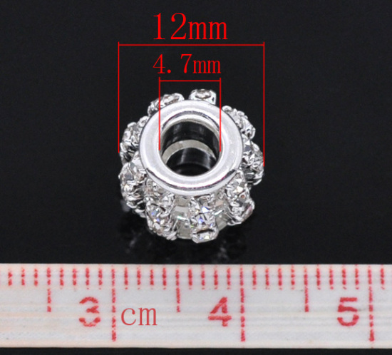 Immagine di Ottone + Strass Stile Europeo Perline Tondo Argento Placcato Bianco Strass Circa 12.0mm x 11.0mm, Foro: Circa 4.7mm, 10 Pz